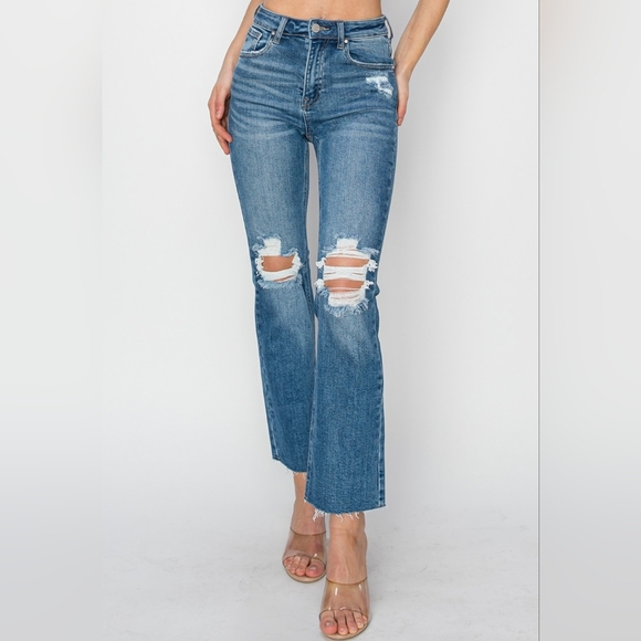 RISEN High-Rise Straight Leg Distressed Ankle Frayed Raw Hem Jeans Denim Pants - Picture 9 of 16